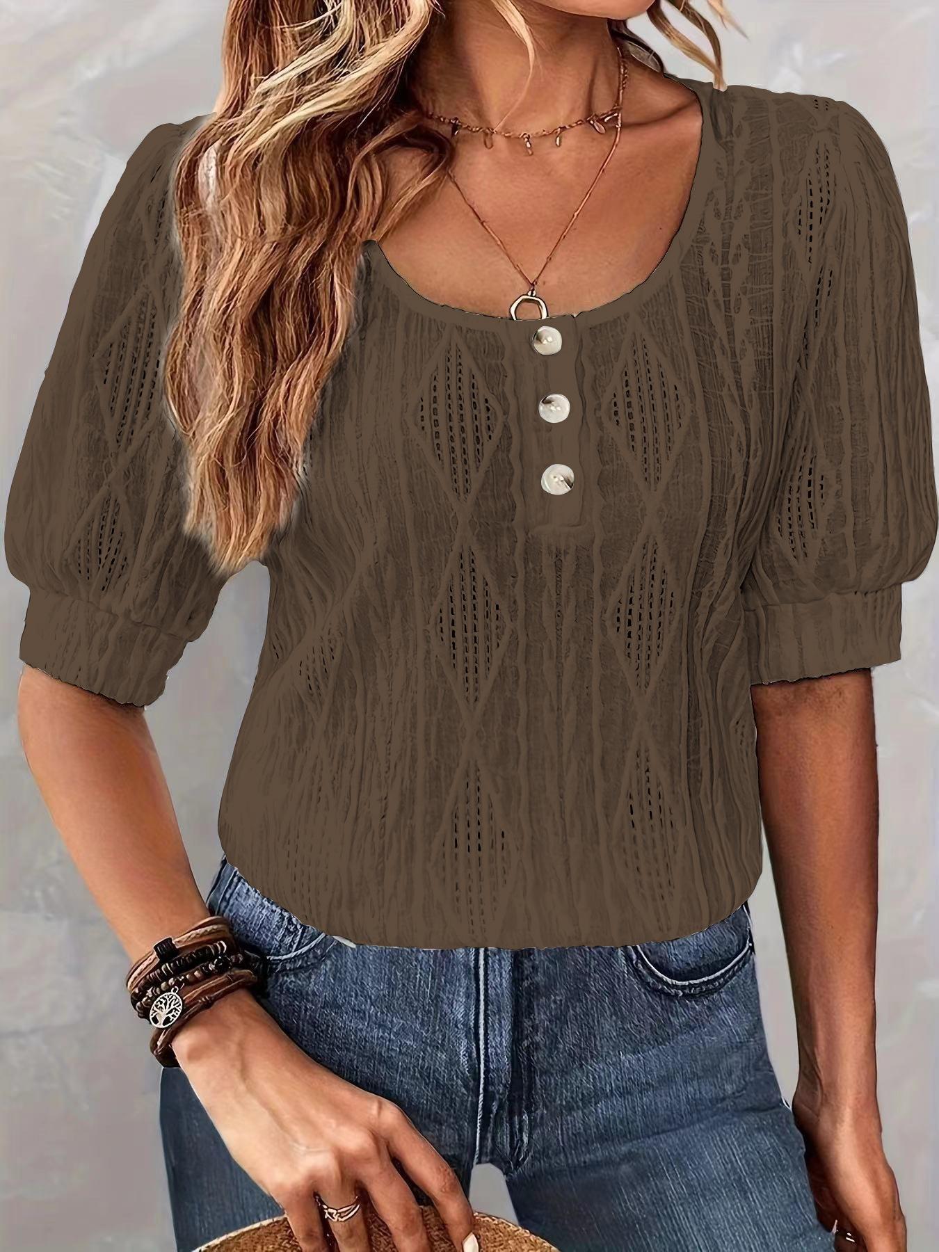 

Осенняя однотонная жаккардовая футболка с круглым вырезом и короткими рукавами на пуговицах XXXL темно-коричневого