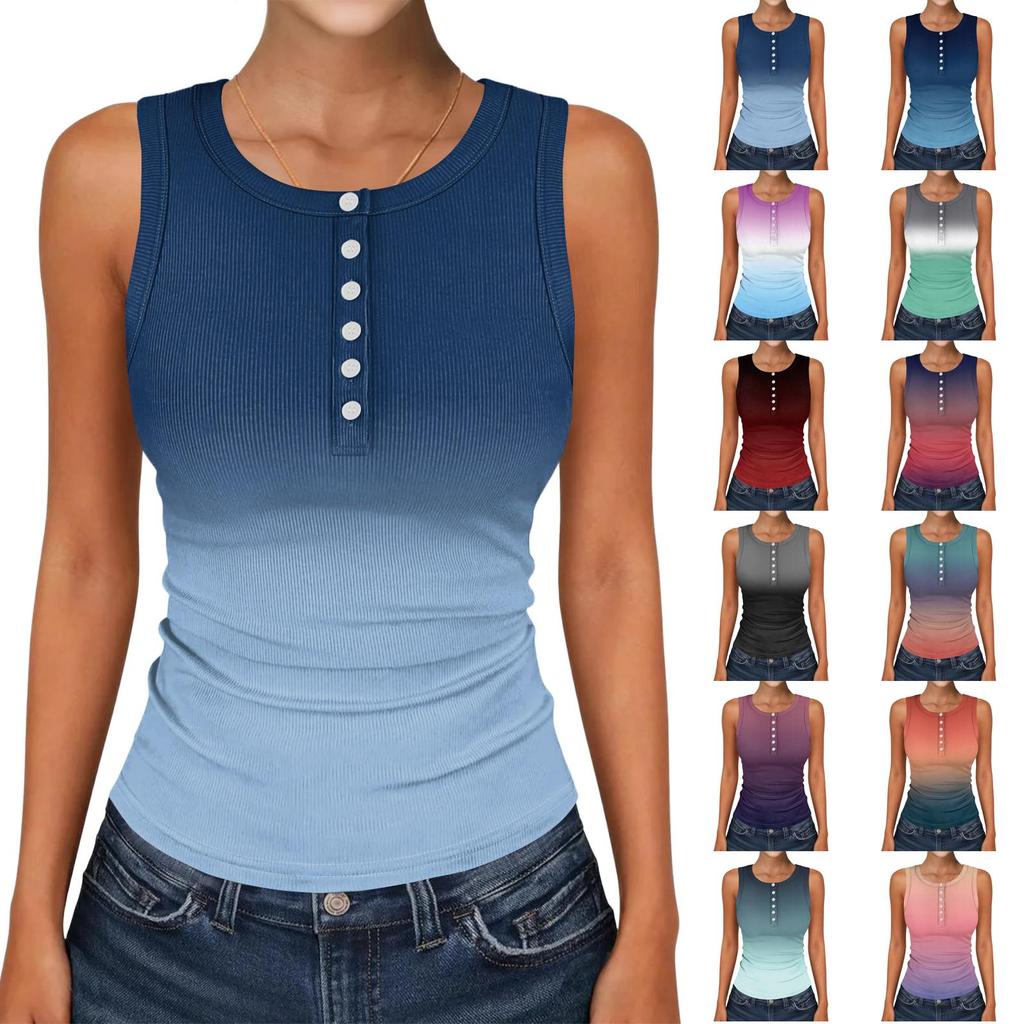 Women Sleeveless Button Front Ribbed Knit Tank Top Casual Fitted Henley Shirt for Summer Daily Wear