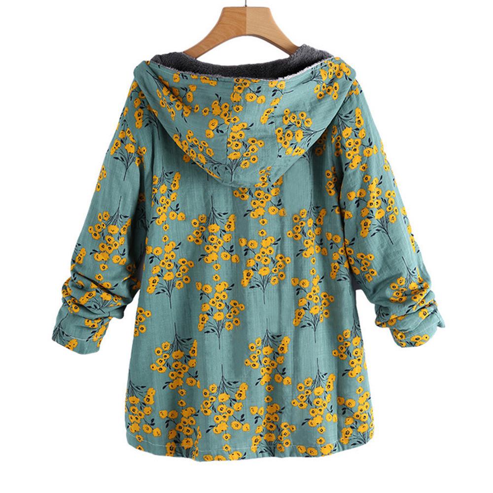 Womens Winter Warm Outwear Floral Print Hooded Pockets Vintage Oversize Coats