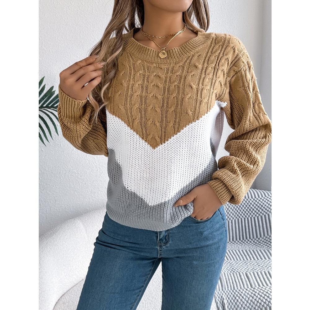 Women's Autumn/Winter Sweatshirt-Style Casual Colour-Block Cable-Knit Bell-Sleeve Pullover Loose-Fit Knitted Top for Ladies