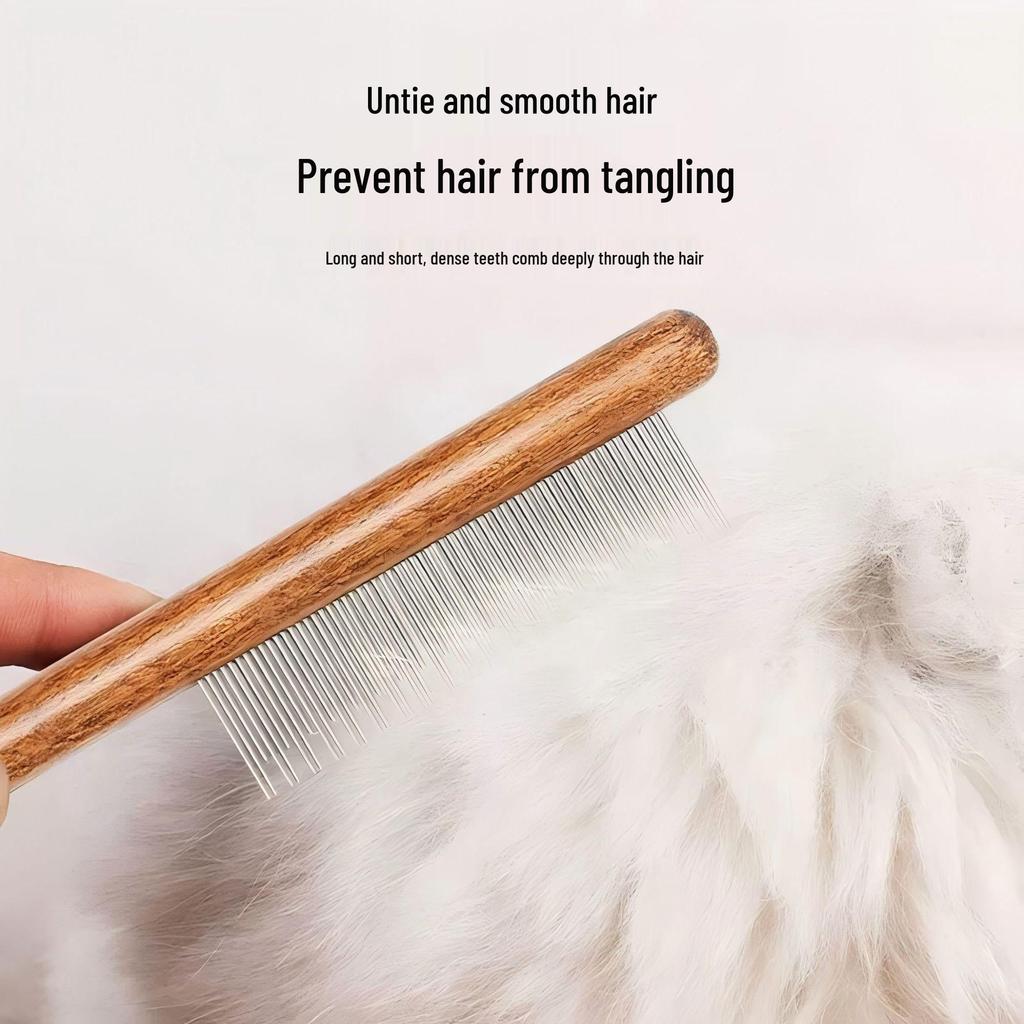 Pet Fine Tooth Comb for Cats & Dogs - Wooden Handle Rake Comb for Flea Removal & Detangling
