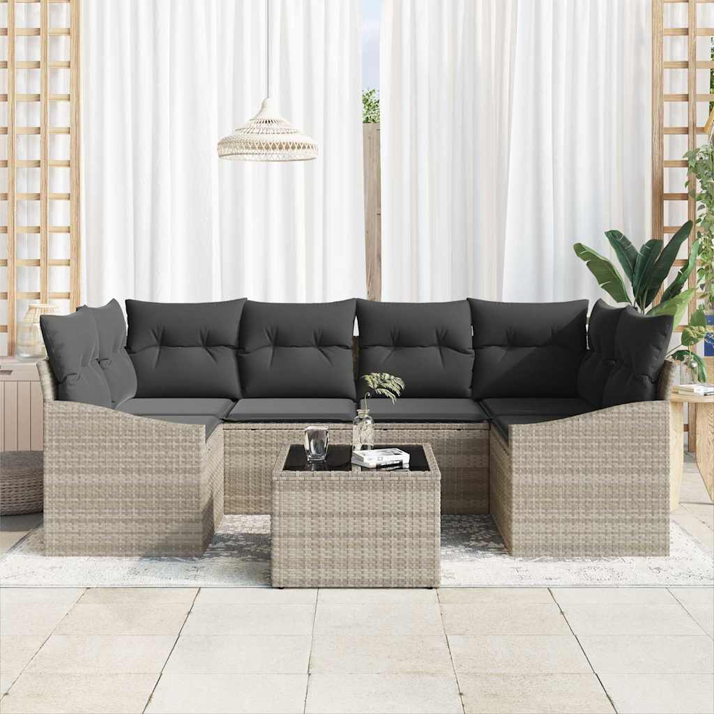 7 Piece Sofa Set with Cushions Light Grey Poly Rattan