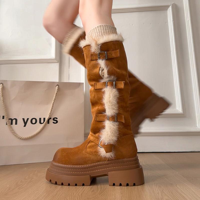 Belt Buckle High Boots Thickened Snow Boots Women's New Winter Velvet Warm Thick Sole Heightening Fashion Boots