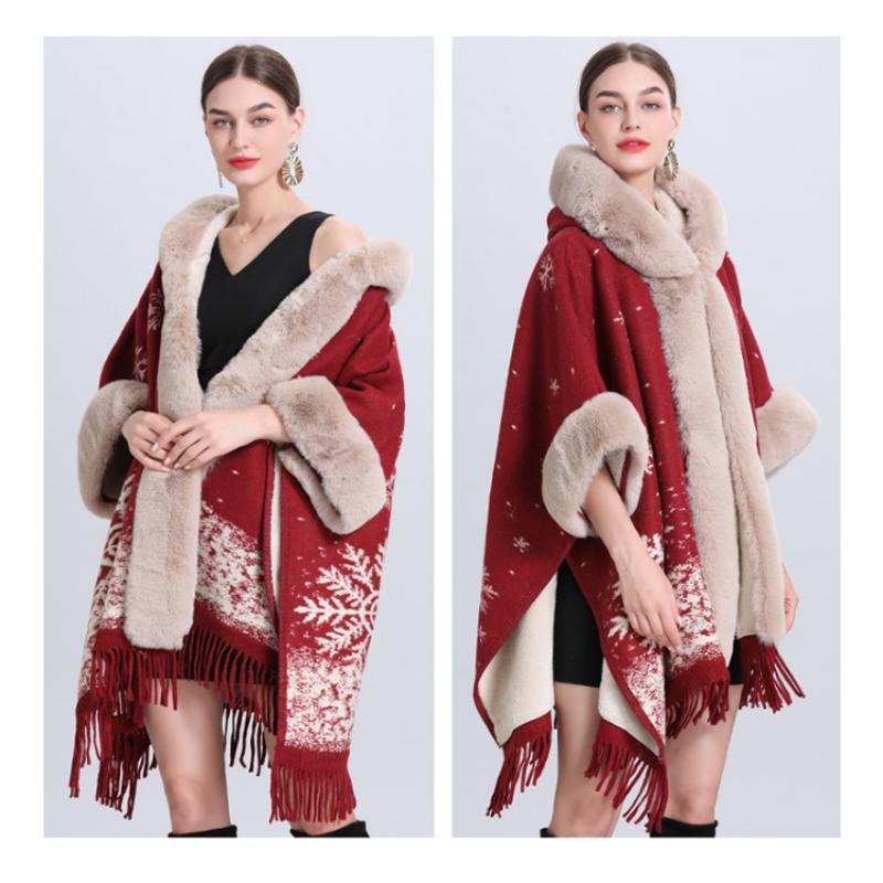 Zimowa damska szalowa kurtka peleryna luźna krata wyściełana zagęszczony futrzany kołnierz dzianinowy tweedowy szal kurtka siedmiopunktowy rękaw z czapką