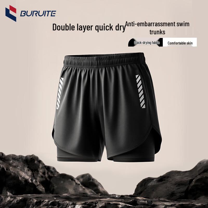 BURUITE Men s Quick-Dry Double-Layer Boxer Swim Trunks