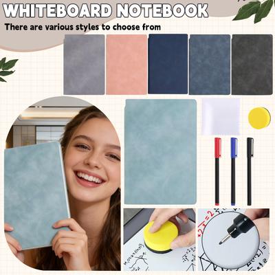 Bloco de Notas A5 Quadro Branco, Quadro Branco Portátil Apagável Para Anotações, Reutilizável, Com Canetas Apagáveis e Pano de Limpeza, 6ml