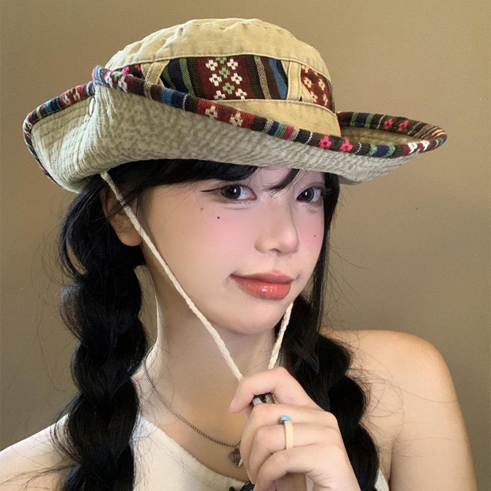 National Wind Western Cowboy Hat Vintage Men Mountaineering Hat Outdoor Anti-uv Bucket Hat  Fishing
