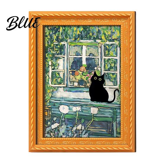 Vintage Frame Refrigerator Decor Oil Painting Cat Magnet Wooden Black Decorative Fridge Magnets Theme Retro Rectangle Magnetic Decoration Magnet