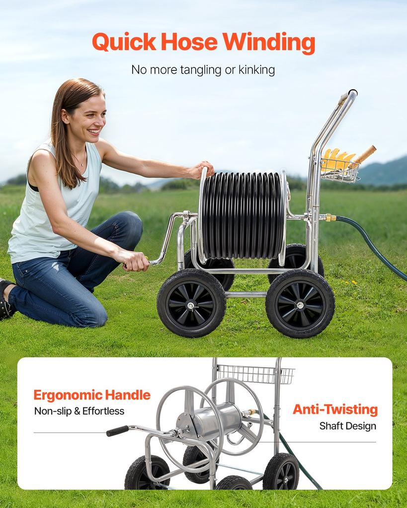 VEVOR Schlauchhaspelwagen, fasst bis zu 250 Fuß 5/8'' Schlauch, Gartenwasserschlauchwagen Mobile Werkzeuge mit 4 Rädern