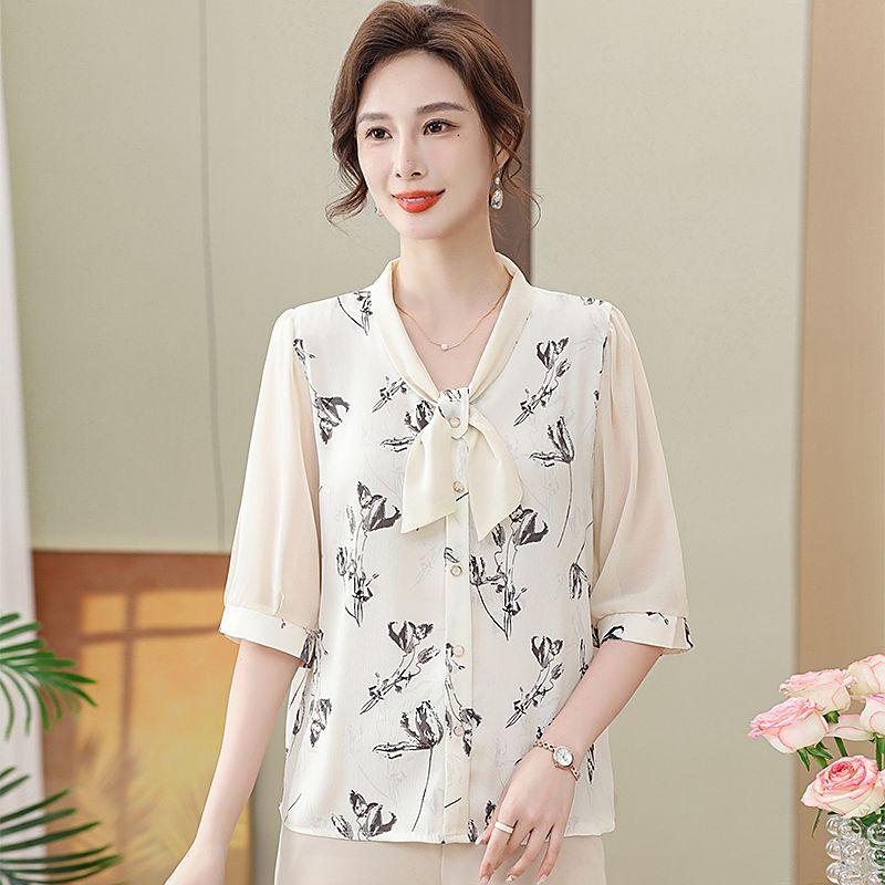 

Шифоновая блузка с рукавом до локтя с принтом, модный топ, омолаживающий для женщин среднего и пожилого возраста XL серый