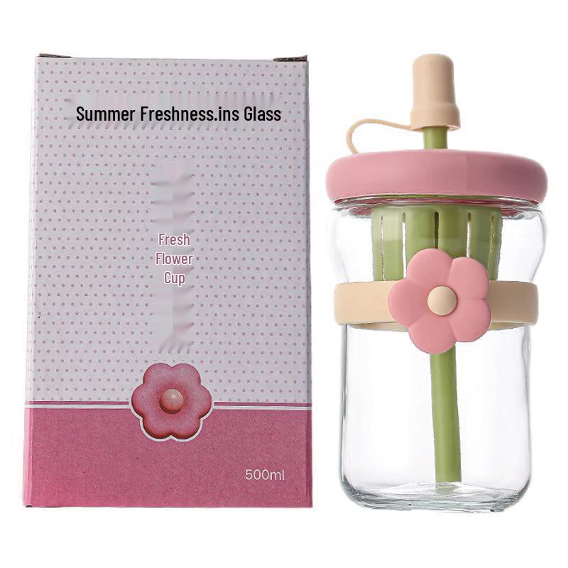 Cute Floral 500ml Glass Straw Bottle with Infuser