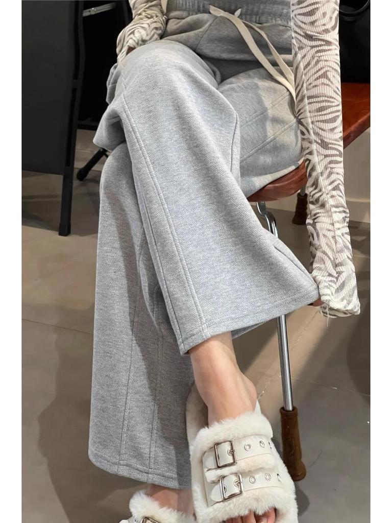 Women's High Waist Wide Leg Gray Sweatpants - Spring/Autumn