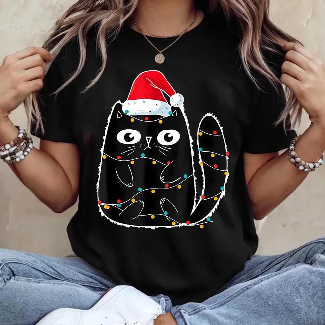 

Christmas Kitten Graphic Tshirt Unisexs Women Fashion Vintage Tshirts Casual Tee Streetwear Trendy Womens Clothing Y2k Tops S