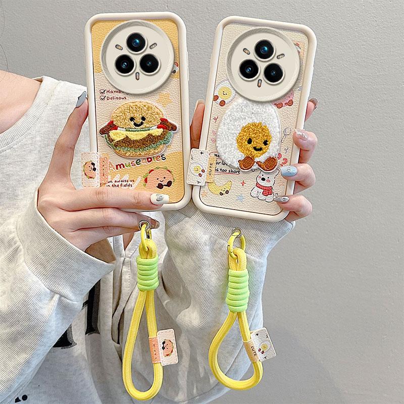 KEYSION Cartoon Cute Plush Embroidery Case for Realme 14 Pro+ 5G with Lanyard Shockproof Phone Cover for OPPO Realme 14 Pro 5G