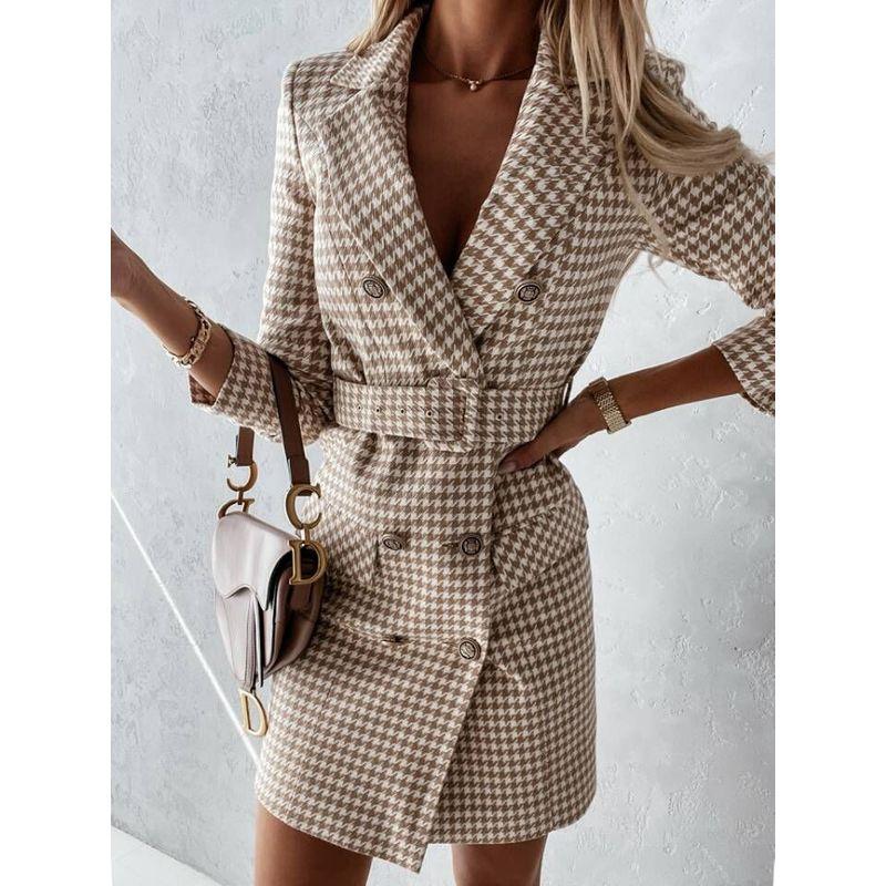 

European Station Autumn and Winter Plaid Slim Fit Dress Suit Collar Khaki S