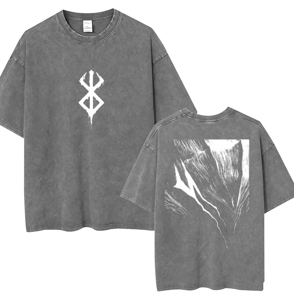 Vintage Washed Anime Berserk Guts T Shirt Swordsman Gatsu Sacrifice Zodd Harajuku TShirt Men Women Loose Cotton Tees Streetwear