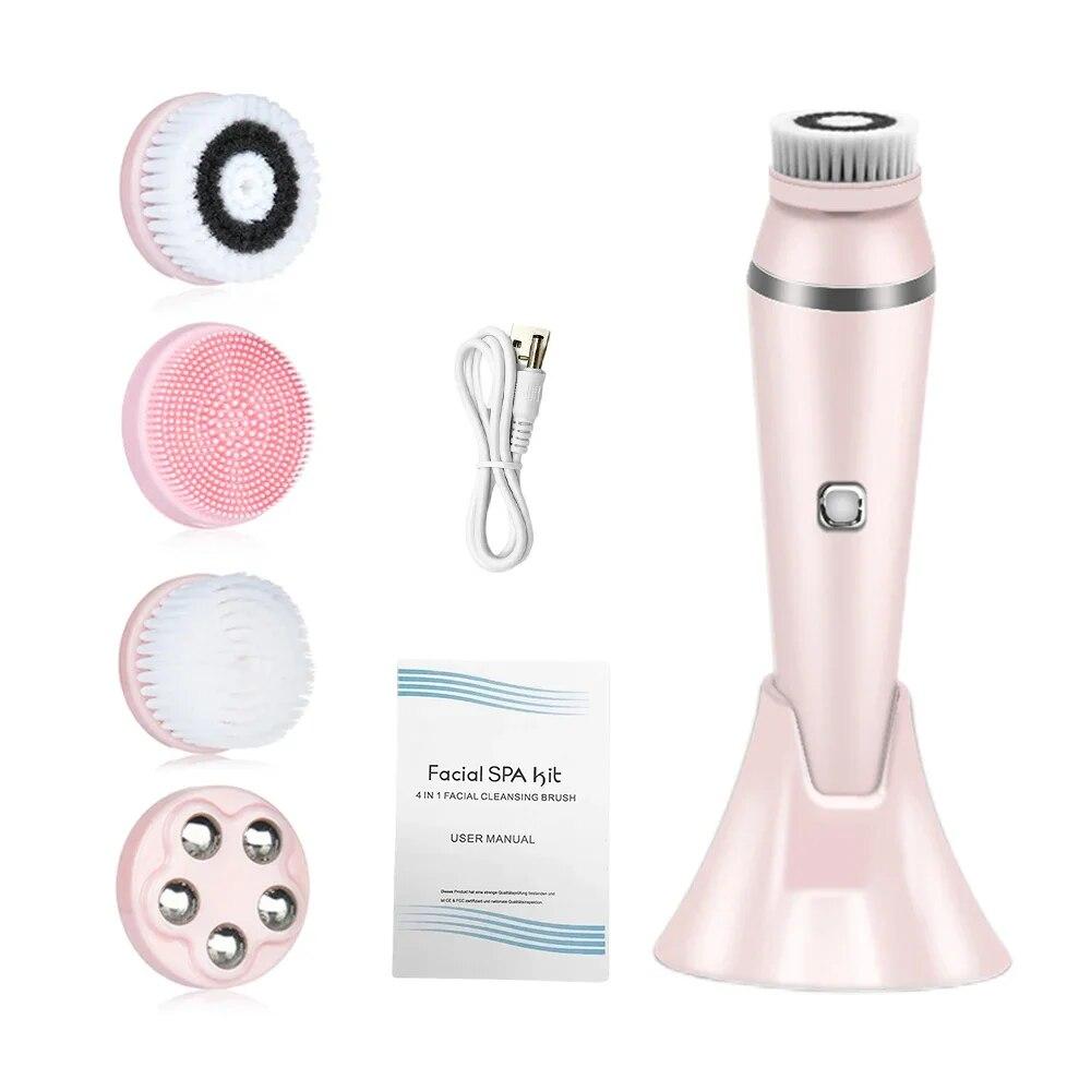 Ultraschall-Gesichtsreinigungsbürsten-Set, elektrisch, zur Hautreinigung und zum Peeling, mit 4 verschiedenen Reinigungs-Mitessern, Gesichtsmassagegerät