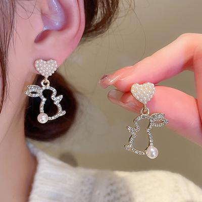 Cute Hollow Rabbit Drop Earrings for Women Crystal Imitation Pearl Heart Dangle Earrings Party Sweet Girls Gift Animal Jewelry