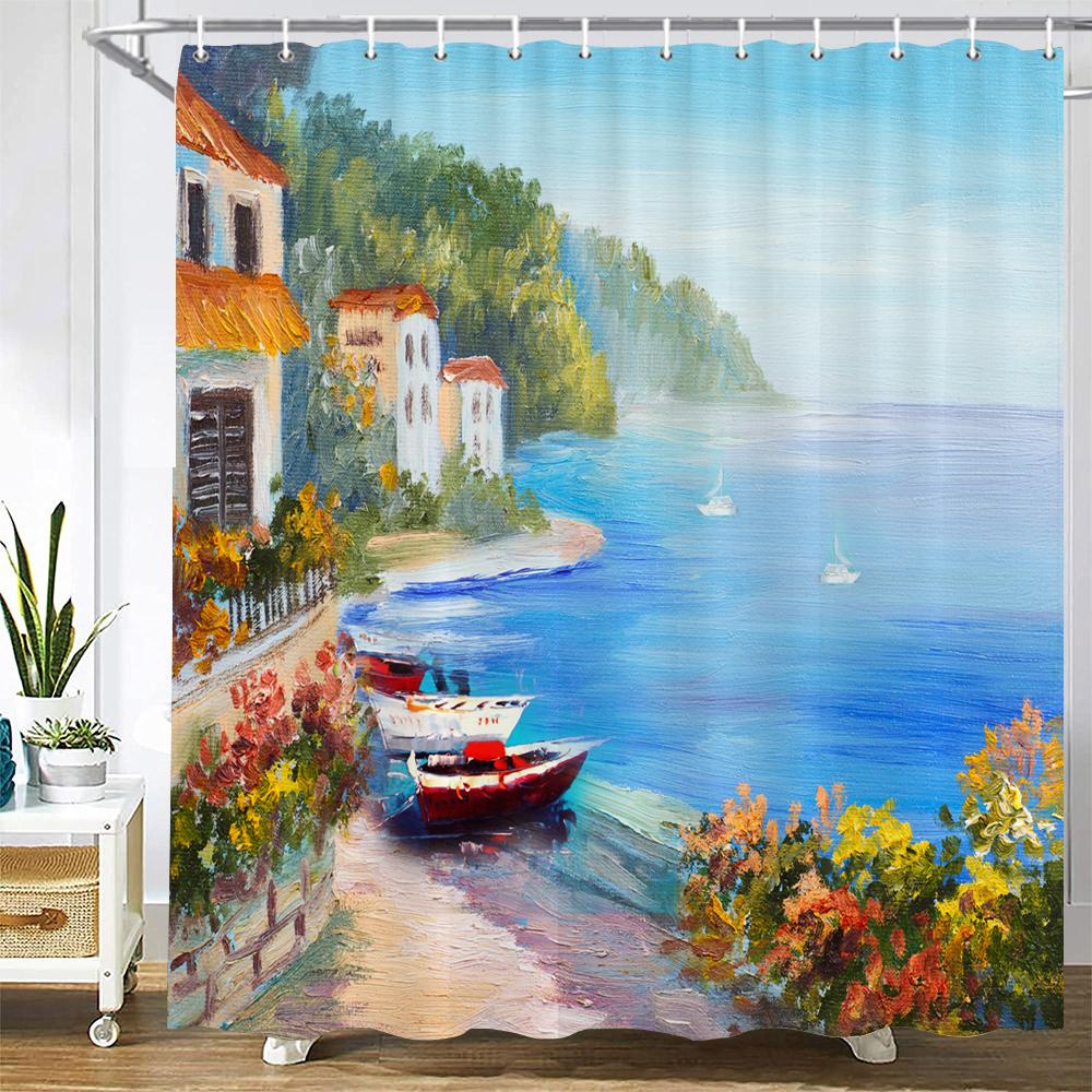 Natural landscape Shower Curtain Decor Waterproof Fabric Bathroom Curtains Painting Forest Seaside Scenery Bath Screen with Hook