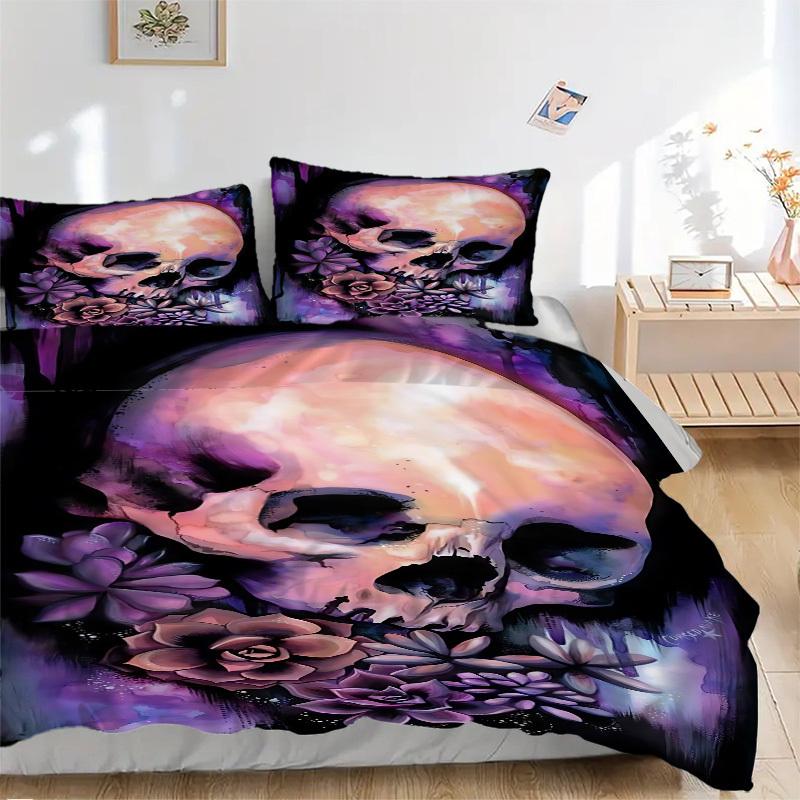 

3pcs Skull Flowers Duvet Cover Set, Cover For Bedroom Guest Room (1 Duvet Cover + 2 Pillowcase, Without Quilt), yy250922193 135x200cm