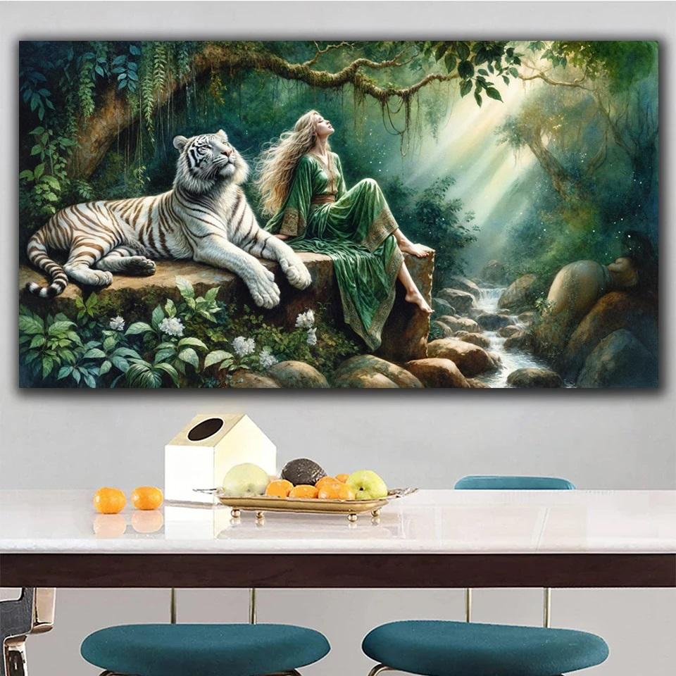 

Зачарована Гармонія в Магічному Лісі DIY Повна Алмазна Мозаїка Тигр Єдиноріг Краса Жінка Алмазна Мозаїка Ювелірні Вироби Вишивка Хрестиком Full Round 50x100CM