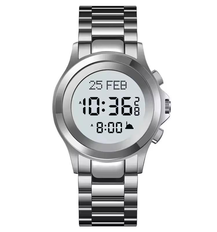 Stainless steel digital watch business fashion multi-function electronic prayer watch, waterproof watch