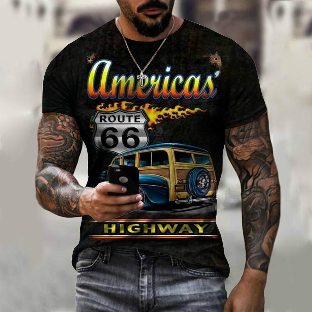 Summer New 3D Printed US Route 66 Cool Round Neck Men's T-shirt