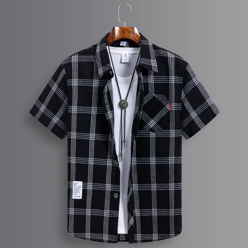 

Korean Popular Clothes Summer Plaid Short Sleeve Shirts for Man Slim Fit Casual Plain Shirt Tops S