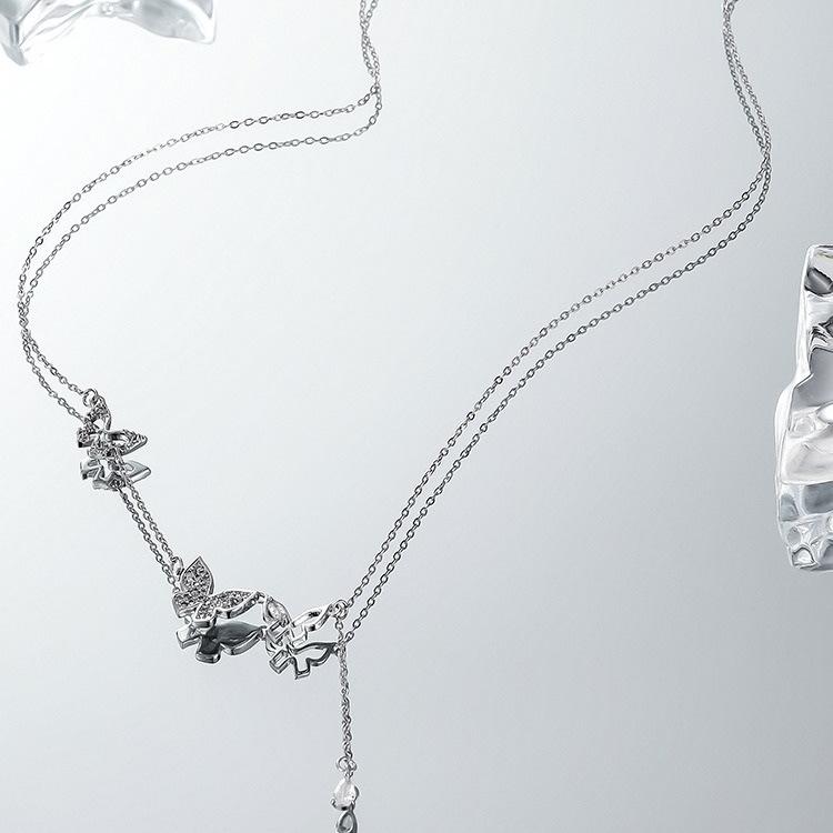 Naszyjnik z frędzlami i motylem dla kobiet na lato, łańcuszek z prostym cyrkoniowym łańcuszkiem na obojczyk, akcesoria ze stali nierdzewnej