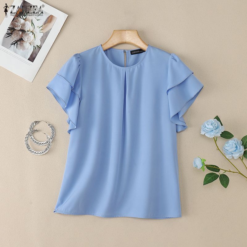 ZANZEA Lässige Bluse mit Rundhalsausschnitt und Rüschen, kurzärmelig, lockere Damenbluse