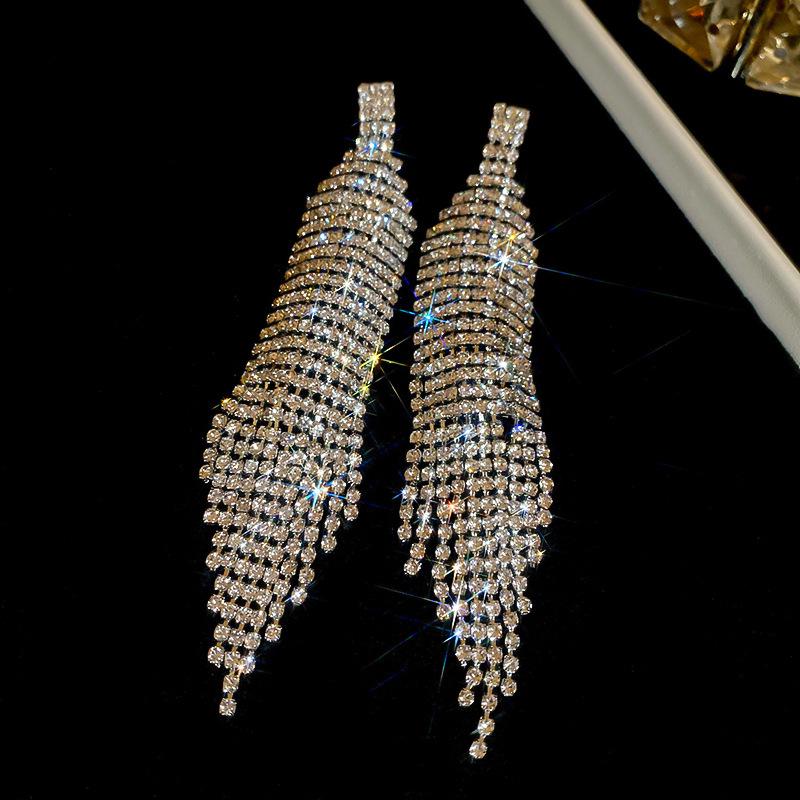 2025 Light Luxury Silver Needle Diamond Flower Tassel Earrings - Elegant European & American Style for Women