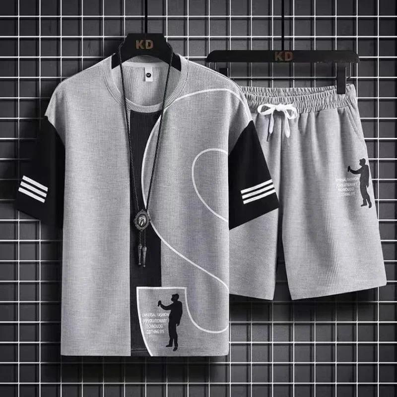 

Male T Shirt Short Sets Graphic Sports Suits Print Work Wear Waffle Men s Shorts Set 2 Piece Outfit Trendy Two Regular Fit Basic 5XL сірий