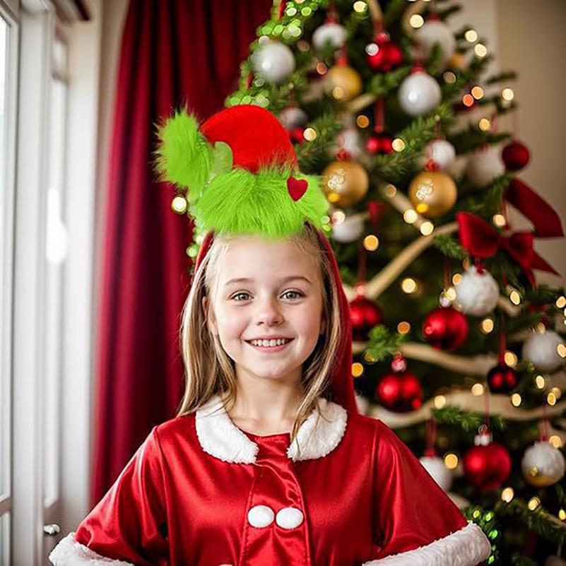 Green Plush Headband Christmas Hat Accessory With Red Heart Pattern Fun And Novelty Costume Accessory Christmas Party Accessory