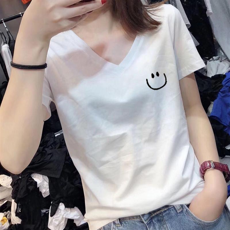 White Low V-neck T-shirt Women's Short-sleeved Summer Wear 2025 New Popular Pure Cotton Loose Top Large Neckline T-shirt
