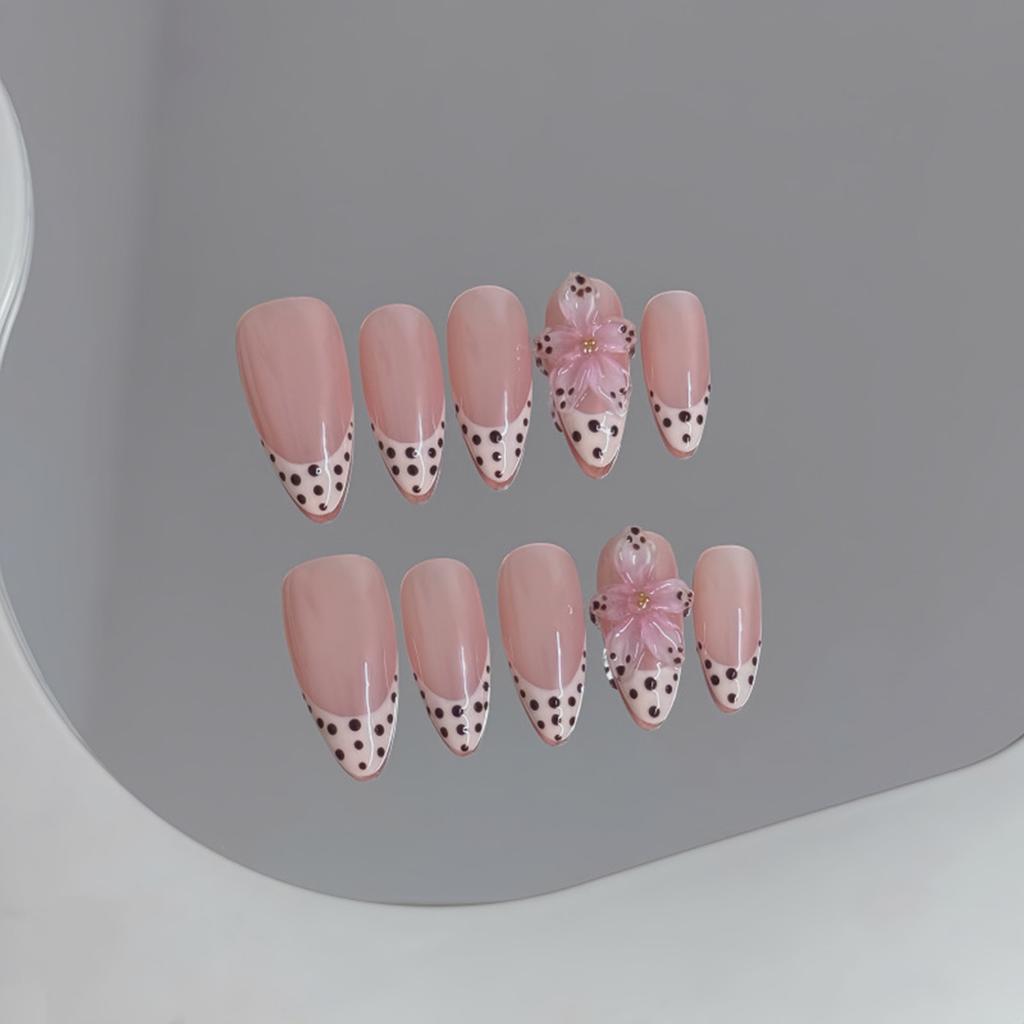 Press On Nails 10 Pieces Sweetheart Polka Dot French Floral Elegant And Durable For Parties And Daily Use