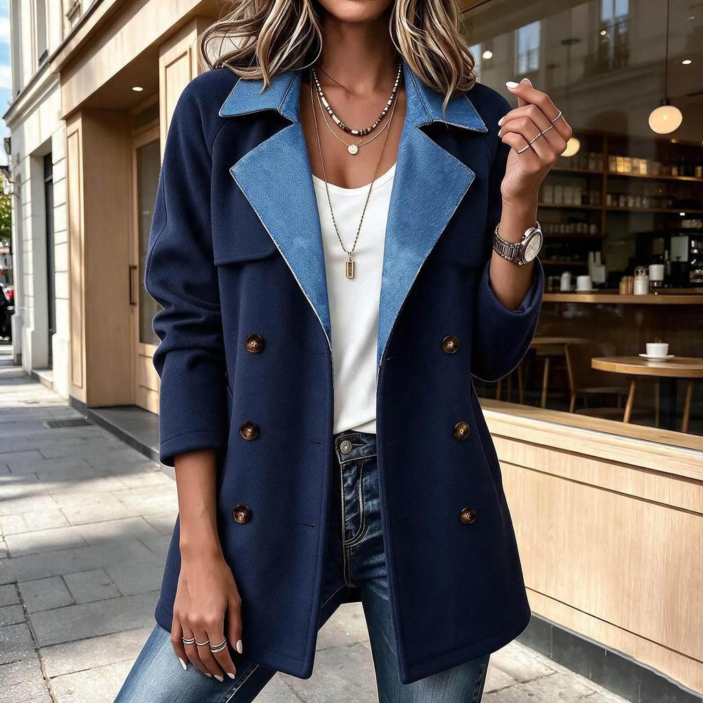 Women's Casual Fashion Double-Breasted Patchwork Coat Jacket for Fall Winter Everyday Wear
