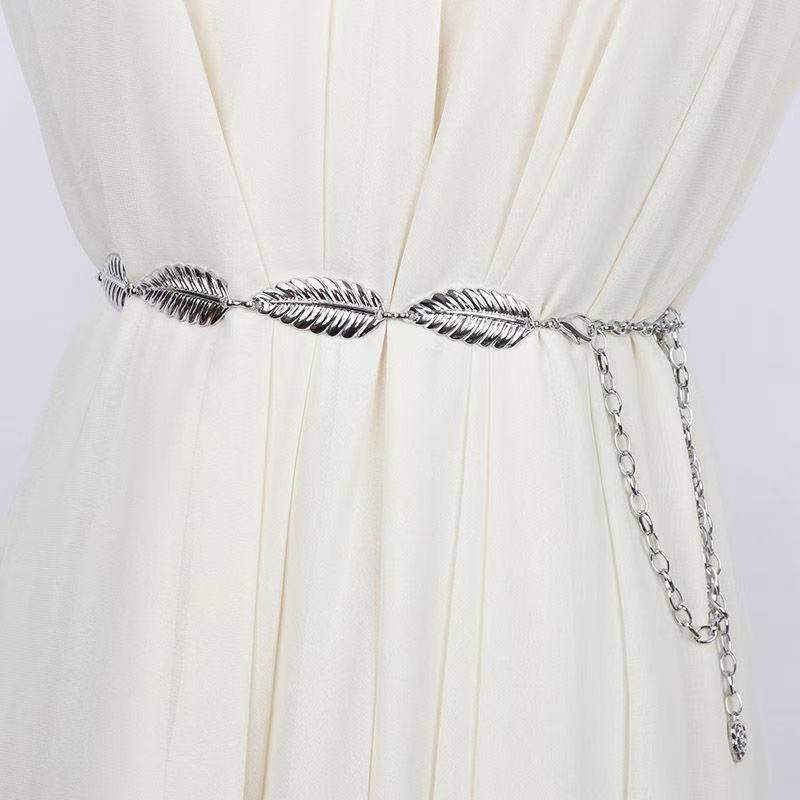 Women's Simple Decorative Thin Belt Versatile Dress with Large Metal Leaves and Fashionable Small Belt Skirt