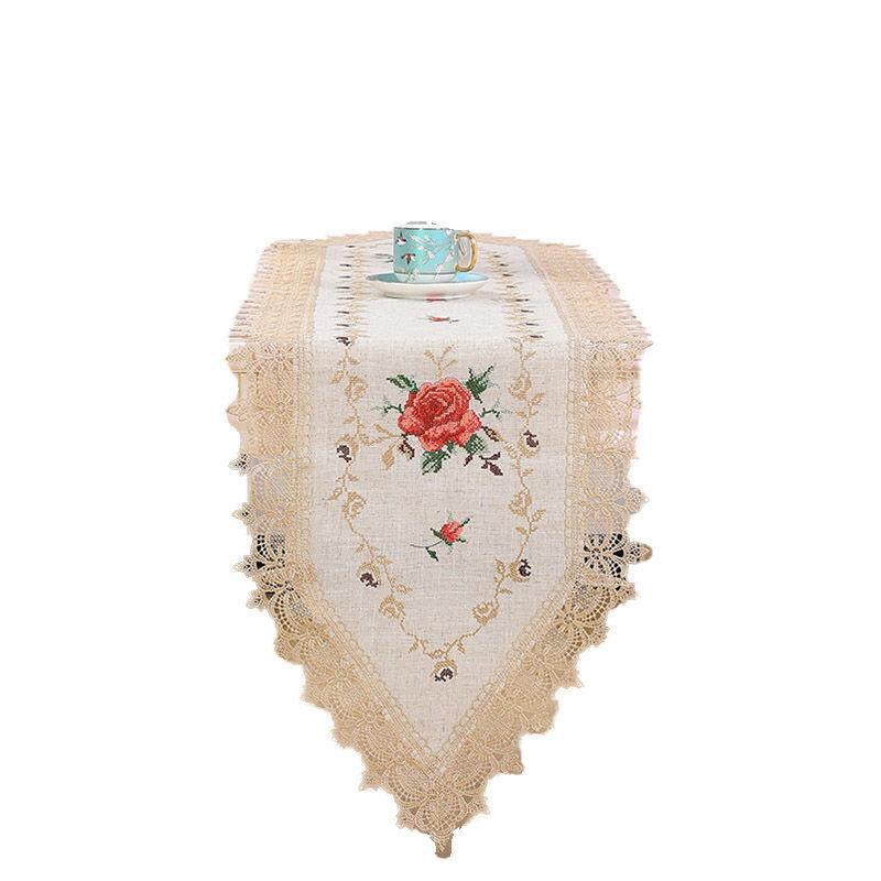 Minimally Embroidered Polyester Fabric Table Flag with Rural Style Art Flower Lace Edge Embroidered Table Flag European Light Luxury Tablecloth