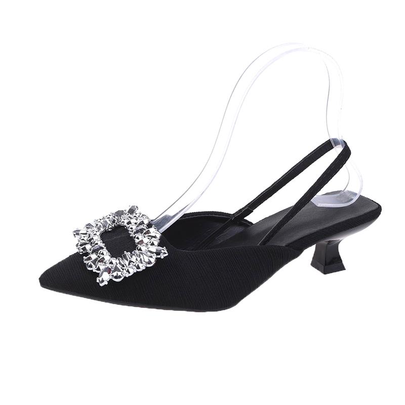 2024 New Summer Fashion Solid Color Women's High Heels Pointed Toe Rhinestone Decoration Casual Stiletto Women's High Heels