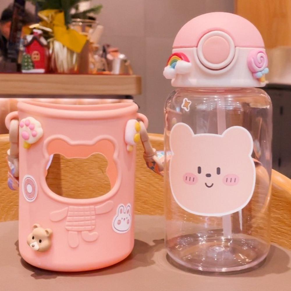 Cartoon Bear Water Bottle Plastic Portable Children's Straw Cup 620ML Large Capacity Leakproof Drinking Tumbler School Boys Girl
