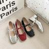 Temperament round head bow word with Mary Jane shoes women's spring light mouth thick heel single shoes silver small leather shoes