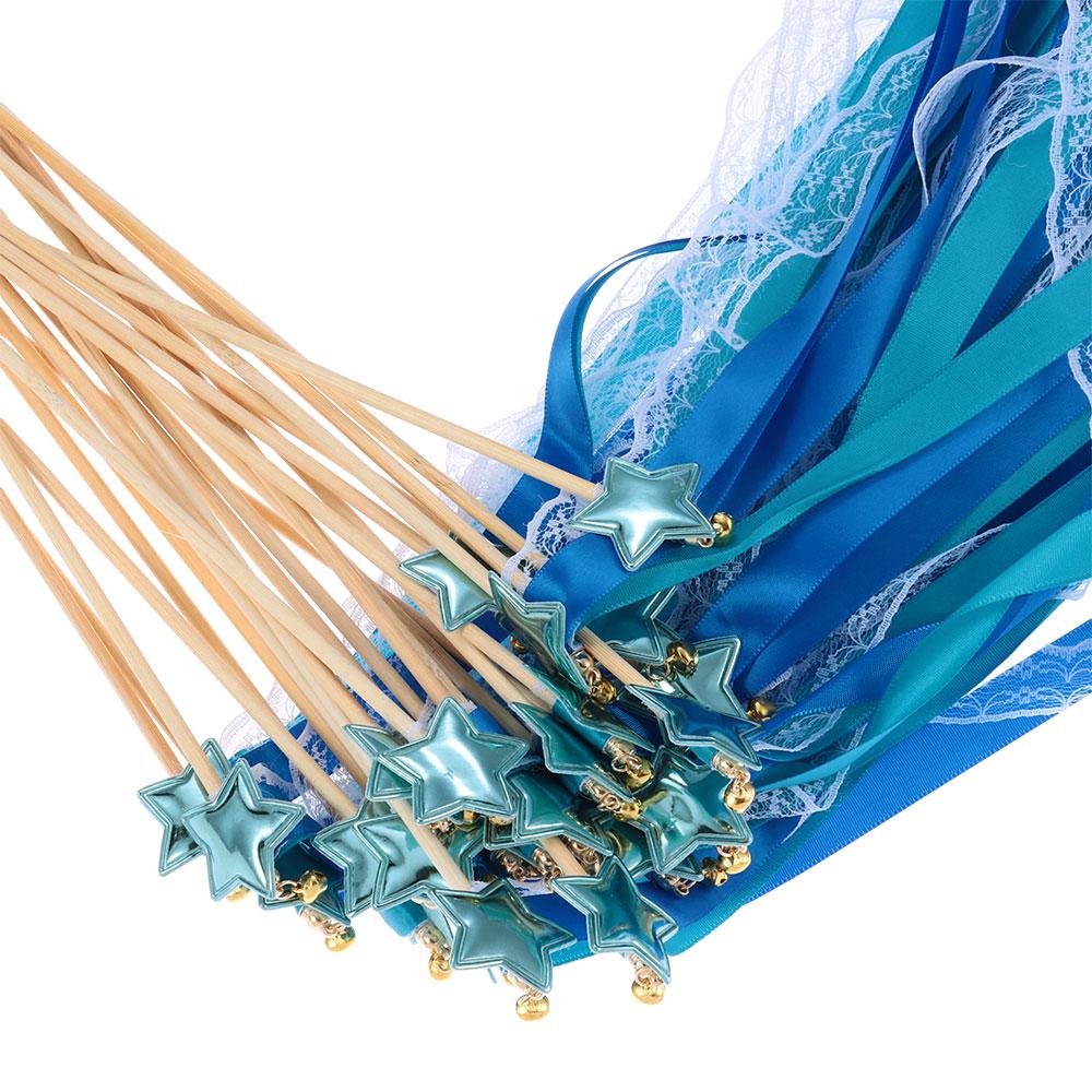 24 Pack Decorative Fairy Wands Lace Ribbon with Bells Silk Stick with Streamers 12 inch Blue Pink Purple Ribbon Wands Wedding