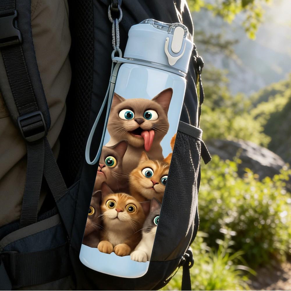 1PC Group Kitten Cat Family Cartoon Print 750ml Color Plastic Sports Water Bottle Leakproof Flip Straw Lid Suitable for Sports Office Home Use