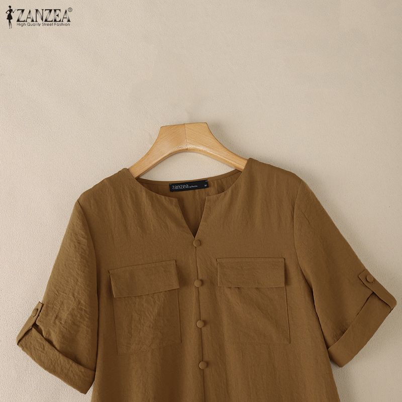 ZANZEA Women Casual Round Neck Loose Ruffles Hem Solid Color Half Sleeve Dress
