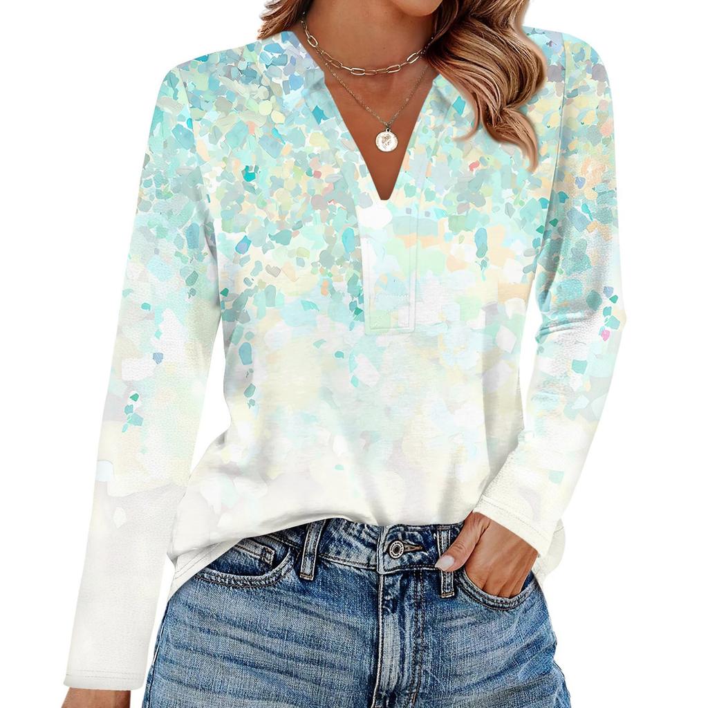 Women's Fashion Casual Lapel Short Long Sleeve Print Shirt Women's V-Neck Tops