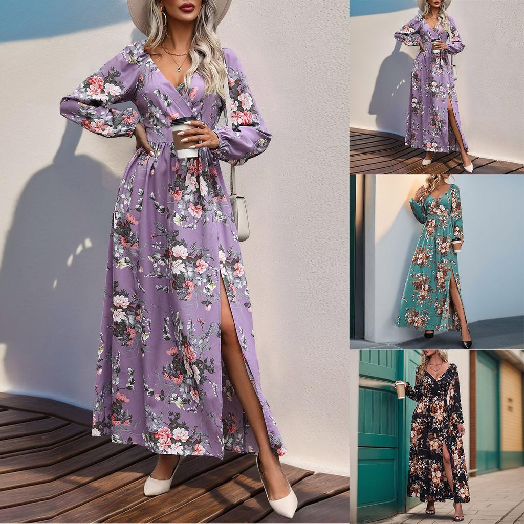 Women's Floral Print V Neck Long Sleeve Dress