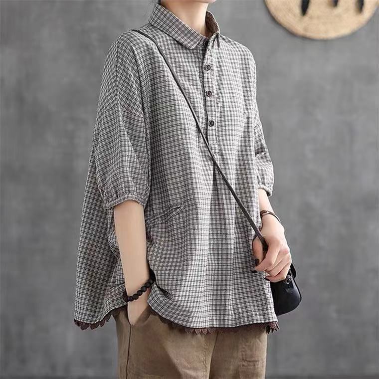 Women Plus Size Linen Cotton Plaid Blouse Summer Lace Splice Pullover Short Sleeve Loose Casual Shirt Top