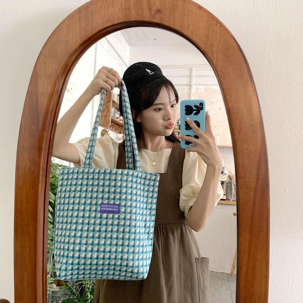 Women Woolen Vintage Plaid Shoulder Bag Versatile Canvas Student Large Capacity Handbag