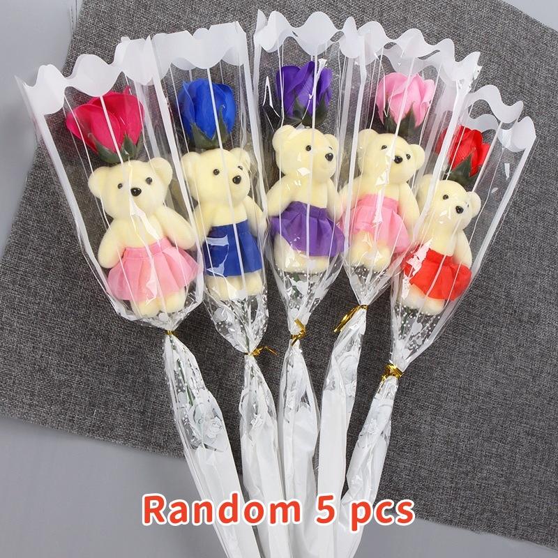 5Pcs Rose Bear Artificial Flowers Bouquet For Valentine'S Day Diy Gift Ornament Wedding Decoration Party Supplies Home Decor