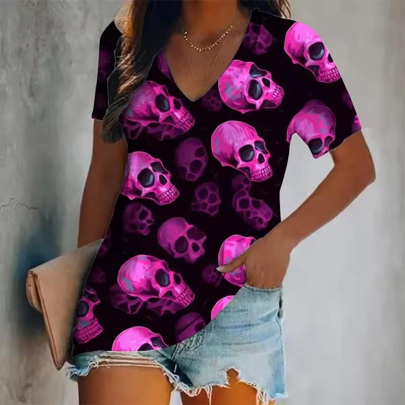 Women's Short-Sleeved T-Shirt V-Neck 3d Printed Skull Pattern Oversized Women's Top Y2K Style Summer Casual T-Shirt